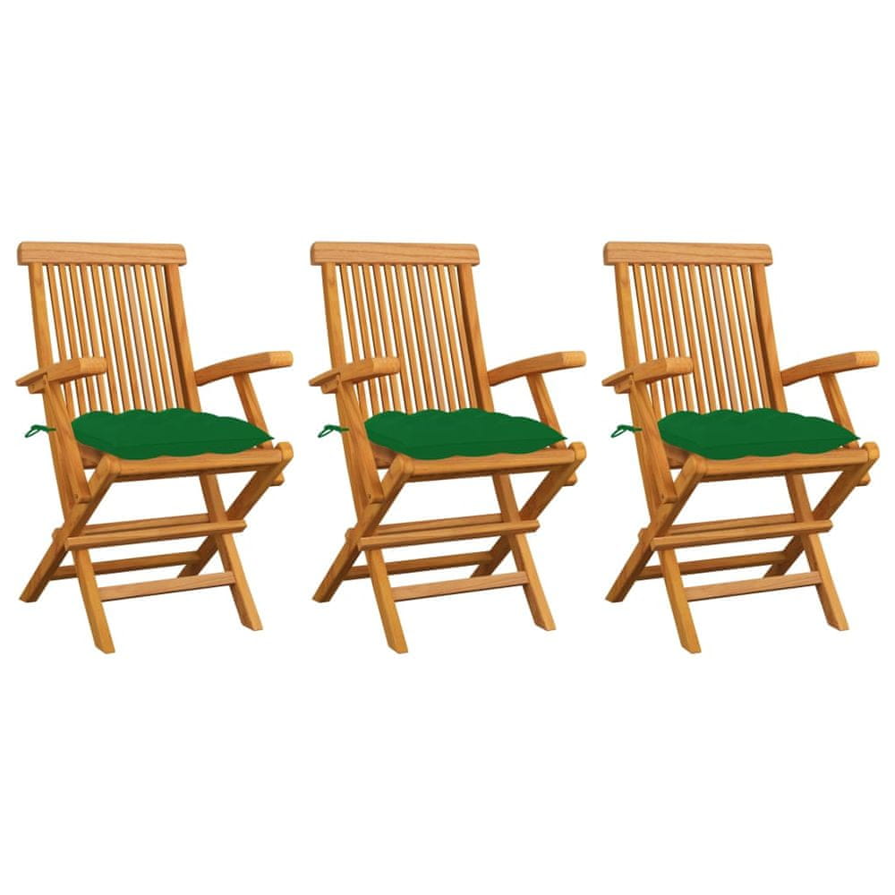 Vidaxl Záhradné stoličky so zelenými podložkami 3 ks tíkový masív